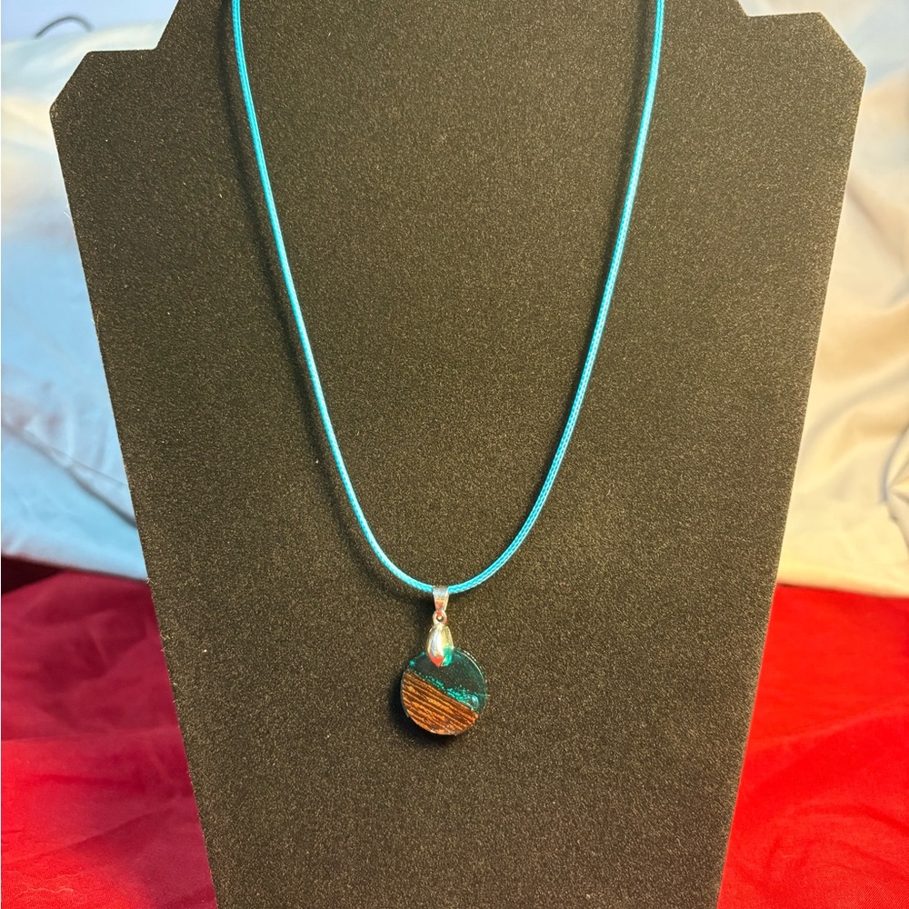 Handmade resin aqua and wood Pendant Necklace